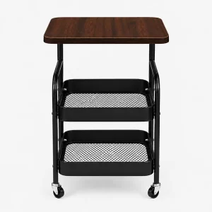 3-Tier Tattoo Studio Furniture Rolling Workstation Cart with Wooden Top & Metal Mesh Storage